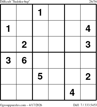 The grouppuzzles.com Difficult Sudoku-6up puzzle for Friday April 17, 2026