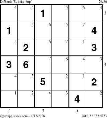 The grouppuzzles.com Difficult Sudoku-6up puzzle for Friday April 17, 2026 with all 7 steps marked