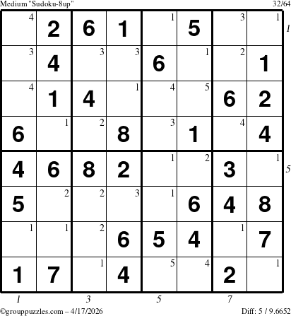 The grouppuzzles.com Medium Sudoku-8up puzzle for Friday April 17, 2026 with all 5 steps marked