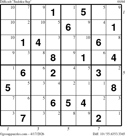 The grouppuzzles.com Difficult Sudoku-8up puzzle for Friday April 17, 2026 with all 10 steps marked