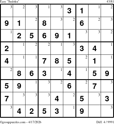 The grouppuzzles.com Easy Sudoku puzzle for Friday April 17, 2026 with the first 3 steps marked