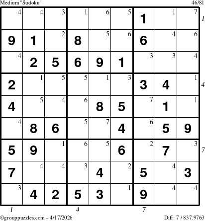 The grouppuzzles.com Medium Sudoku puzzle for Friday April 17, 2026 with all 7 steps marked