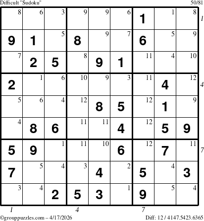 The grouppuzzles.com Difficult Sudoku puzzle for Friday April 17, 2026, suitable for printing, with all 12 steps marked