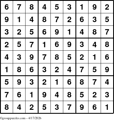 The grouppuzzles.com Answer grid for the Sudoku puzzle for Friday April 17, 2026