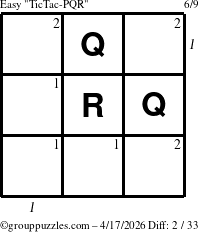 The grouppuzzles.com Easy TicTac-PQR puzzle for Friday April 17, 2026, suitable for printing, with all 2 steps marked