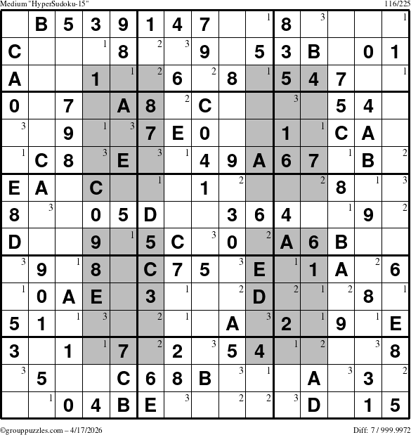 The grouppuzzles.com Medium HyperSudoku-15 puzzle for Friday April 17, 2026 with the first 3 steps marked