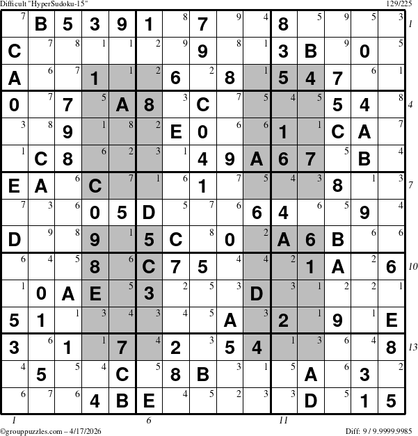The grouppuzzles.com Difficult HyperSudoku-15 puzzle for Friday April 17, 2026, suitable for printing, with all 9 steps marked