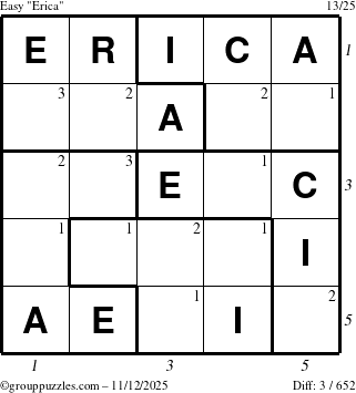 The grouppuzzles.com Easy Erica puzzle for Wednesday November 12, 2025 with all 3 steps marked