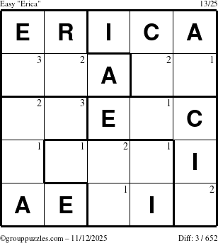 The grouppuzzles.com Easy Erica puzzle for Wednesday November 12, 2025 with the first 3 steps marked