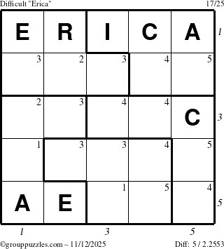The grouppuzzles.com Difficult Erica puzzle for Wednesday November 12, 2025 with all 5 steps marked