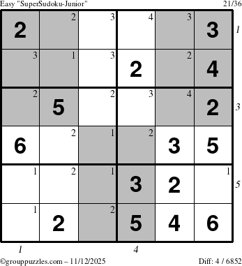 The grouppuzzles.com Easy SuperSudoku-Junior puzzle for Wednesday November 12, 2025 with all 4 steps marked