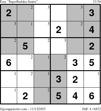 The grouppuzzles.com Easy SuperSudoku-Junior puzzle for Wednesday November 12, 2025 with the first 3 steps marked