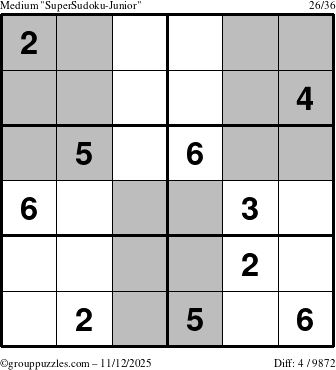 The grouppuzzles.com Medium SuperSudoku-Junior puzzle for Wednesday November 12, 2025