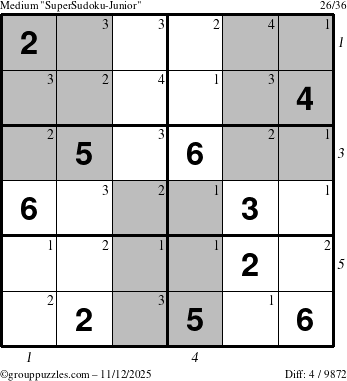 The grouppuzzles.com Medium SuperSudoku-Junior puzzle for Wednesday November 12, 2025, suitable for printing, with all 4 steps marked