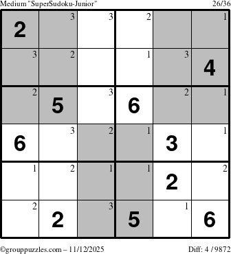 The grouppuzzles.com Medium SuperSudoku-Junior puzzle for Wednesday November 12, 2025 with the first 3 steps marked