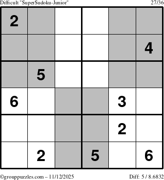 The grouppuzzles.com Difficult SuperSudoku-Junior puzzle for Wednesday November 12, 2025
