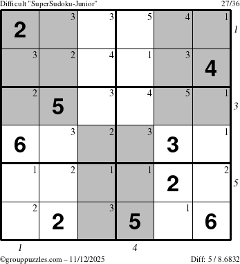 The grouppuzzles.com Difficult SuperSudoku-Junior puzzle for Wednesday November 12, 2025 with all 5 steps marked