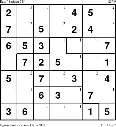 The grouppuzzles.com Easy Sudoku-7B puzzle for Wednesday November 12, 2025 with the first 3 steps marked
