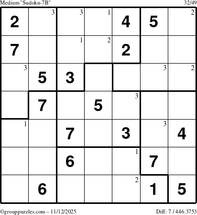 The grouppuzzles.com Medium Sudoku-7B puzzle for Wednesday November 12, 2025 with the first 3 steps marked