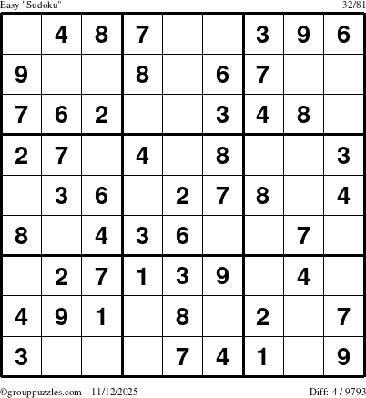 The grouppuzzles.com Easy Sudoku puzzle for Wednesday November 12, 2025