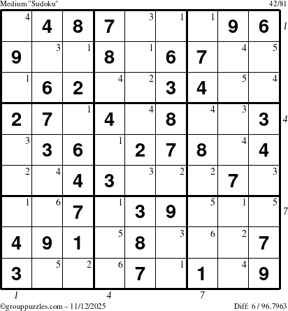 The grouppuzzles.com Medium Sudoku puzzle for Wednesday November 12, 2025, suitable for printing, with all 6 steps marked