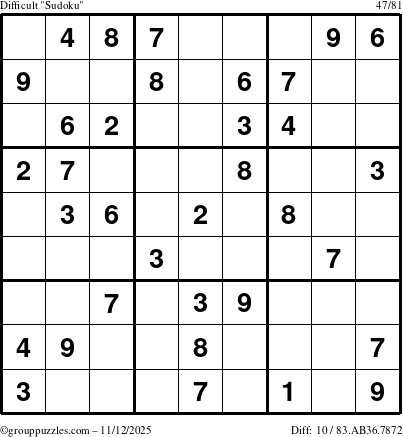 The grouppuzzles.com Difficult Sudoku puzzle for Wednesday November 12, 2025