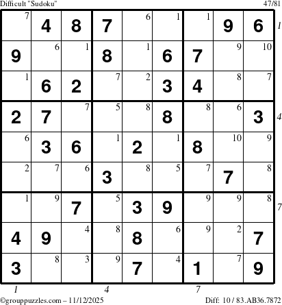 The grouppuzzles.com Difficult Sudoku puzzle for Wednesday November 12, 2025 with all 10 steps marked