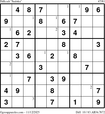 The grouppuzzles.com Difficult Sudoku puzzle for Wednesday November 12, 2025 with the first 3 steps marked