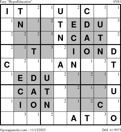 The grouppuzzles.com Easy HyperEducation-i23 puzzle for Wednesday November 12, 2025 with the first 3 steps marked