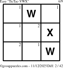 The grouppuzzles.com Easy TicTac-VWX puzzle for Wednesday November 12, 2025 with the first 2 steps marked