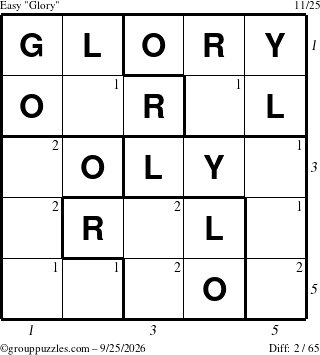 The grouppuzzles.com Easy Glory puzzle for Friday September 25, 2026 with all 2 steps marked