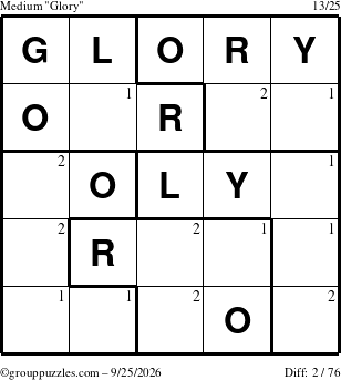 The grouppuzzles.com Medium Glory puzzle for Friday September 25, 2026 with the first 2 steps marked