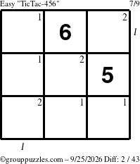 The grouppuzzles.com Easy TicTac-456 puzzle for Friday September 25, 2026, suitable for printing, with all 2 steps marked
