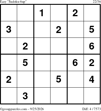 The grouppuzzles.com Easy Sudoku-6up puzzle for Friday September 25, 2026