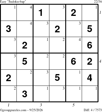 The grouppuzzles.com Easy Sudoku-6up puzzle for Friday September 25, 2026 with all 4 steps marked