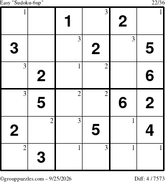 The grouppuzzles.com Easy Sudoku-6up puzzle for Friday September 25, 2026 with the first 3 steps marked