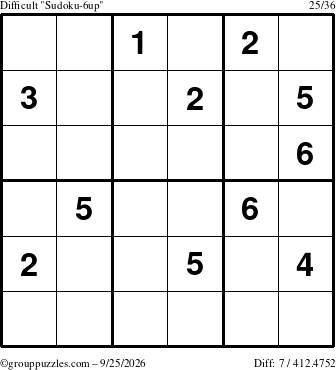 The grouppuzzles.com Difficult Sudoku-6up puzzle for Friday September 25, 2026