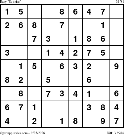 The grouppuzzles.com Easy Sudoku puzzle for Friday September 25, 2026