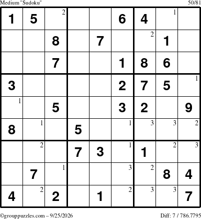 The grouppuzzles.com Medium Sudoku puzzle for Friday September 25, 2026 with the first 3 steps marked