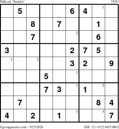 The grouppuzzles.com Difficult Sudoku puzzle for Friday September 25, 2026 with the first 3 steps marked