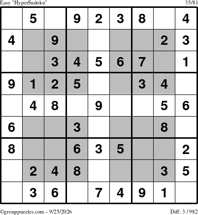 The grouppuzzles.com Easy HyperSudoku puzzle for Friday September 25, 2026