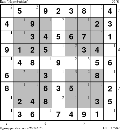 The grouppuzzles.com Easy HyperSudoku puzzle for Friday September 25, 2026, suitable for printing, with all 3 steps marked