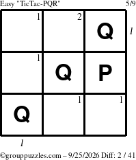 The grouppuzzles.com Easy TicTac-PQR puzzle for Friday September 25, 2026, suitable for printing, with all 2 steps marked