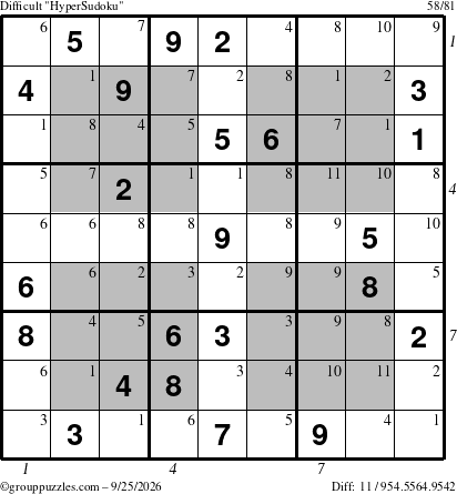 The grouppuzzles.com Difficult HyperSudoku puzzle for Friday September 25, 2026 with all 11 steps marked