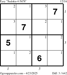 The grouppuzzles.com Easy Sudoku-4-5678 puzzle for Wednesday April 23, 2025, suitable for printing, with all 3 steps marked