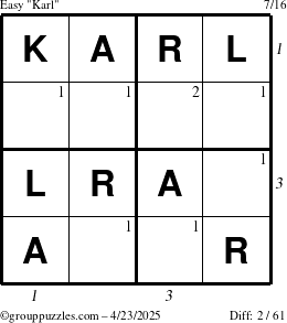 The grouppuzzles.com Easy Karl puzzle for Wednesday April 23, 2025, suitable for printing, with all 2 steps marked