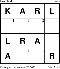 The grouppuzzles.com Easy Karl puzzle for Wednesday April 23, 2025 with the first 2 steps marked