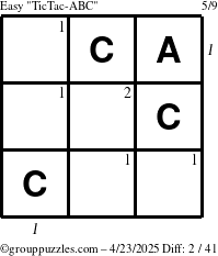 The grouppuzzles.com Easy TicTac-ABC puzzle for Wednesday April 23, 2025, suitable for printing, with all 2 steps marked