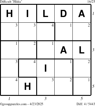 The grouppuzzles.com Difficult Hilda puzzle for Wednesday April 23, 2025 with all 4 steps marked