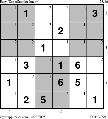 The grouppuzzles.com Easy SuperSudoku-Junior puzzle for Wednesday April 23, 2025 with all 3 steps marked
